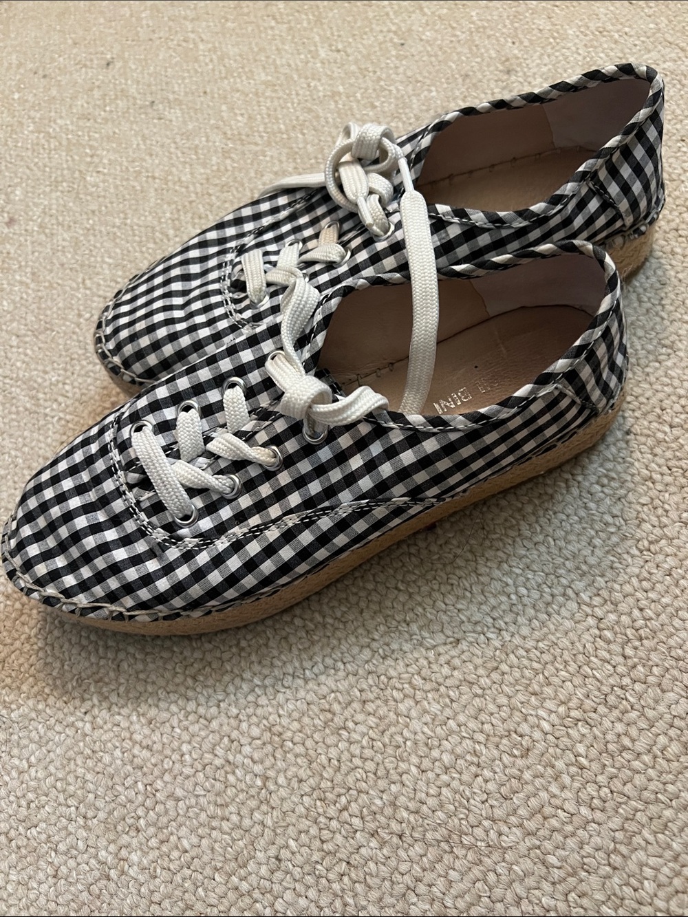 Gingham Lace-Up Espadrille Flats - Black & White